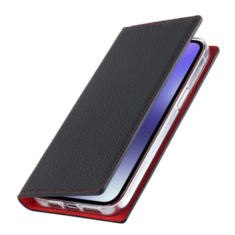 Flip Cover iPhone 14 Plus Cuir Litchi Véritable à Lanière