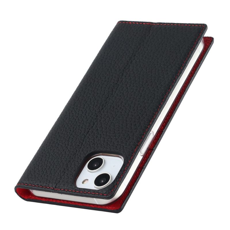 Flip Cover iPhone 14 Plus Cuir Litchi Véritable à Lanière