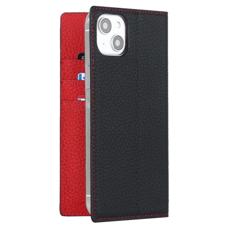 Flip Cover iPhone 14 Plus Cuir Litchi Véritable à Lanière