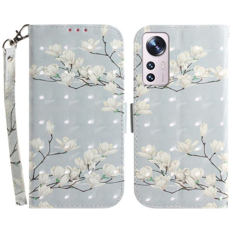 Housse Xiaomi 12 / 12X Fleurs Blanches à Lanière