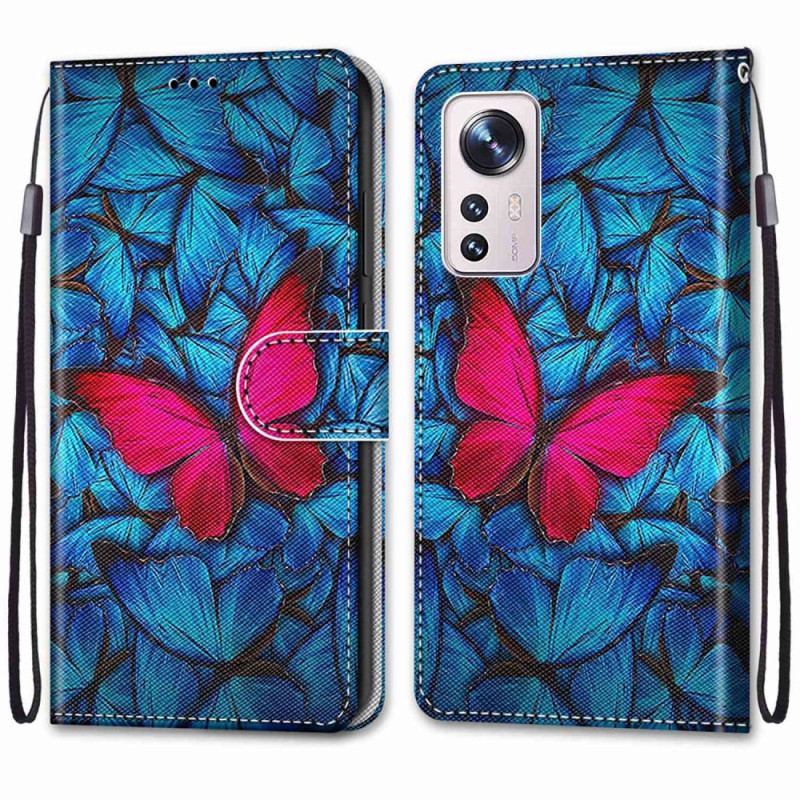 Housse Xiaomi 12 / 12X Papillon Rouge à Lanière