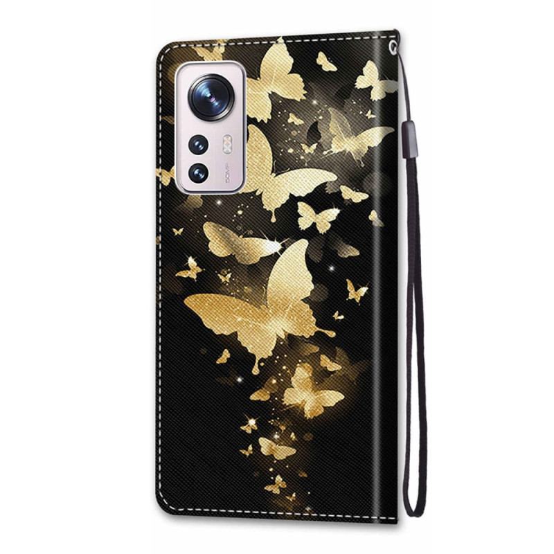 Housse Xiaomi 12 / 12X Papillons Dorés à Lanière