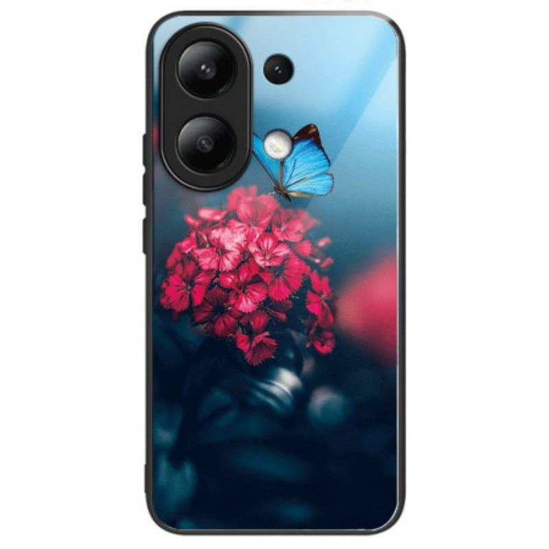 Coque Xiaomi Redmi Note 13 4G Verre Trempé Fleurs Rouges et Papillons