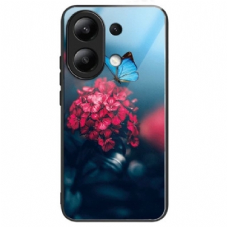 Coque Xiaomi Redmi Note 13 4G Verre Trempé Fleurs Rouges et Papillons