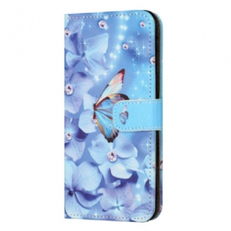 Housse Xiaomi Redmi Note 13 4G Fleurs et Papillon Bleus à Lanière