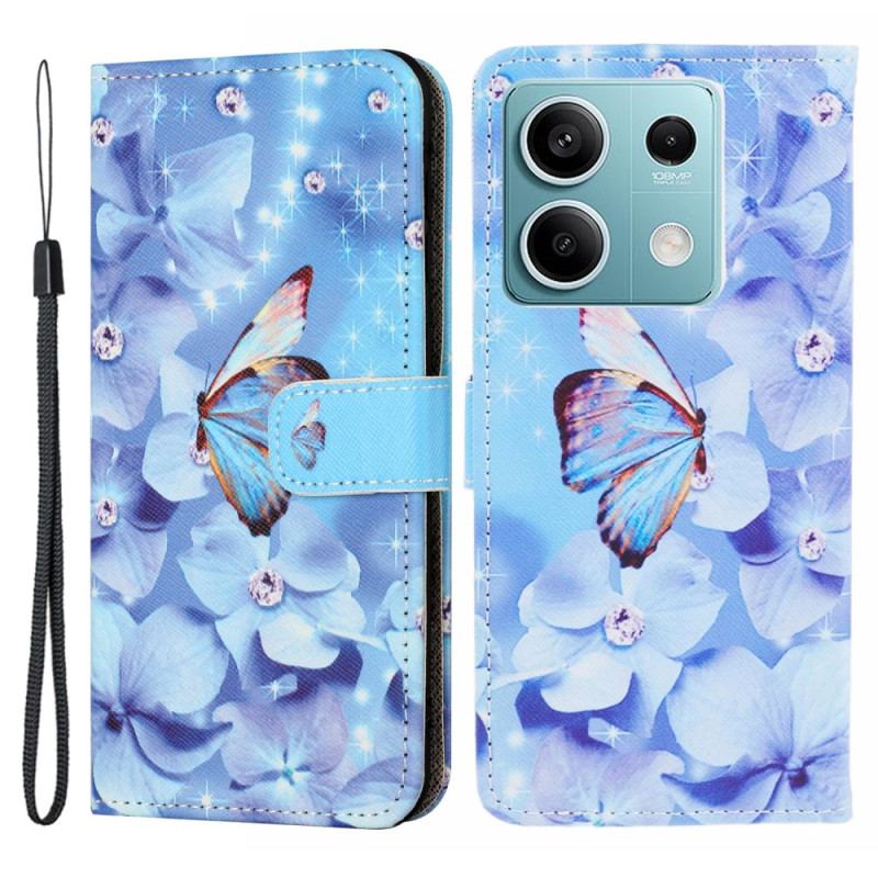 Housse Xiaomi Redmi Note 13 4G Fleurs et Papillon Bleus à Lanière