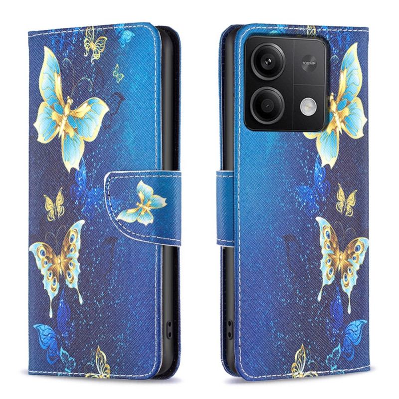 Housse Xiaomi Redmi Note 13 4G Papillons Dorés sur Fond Bleu