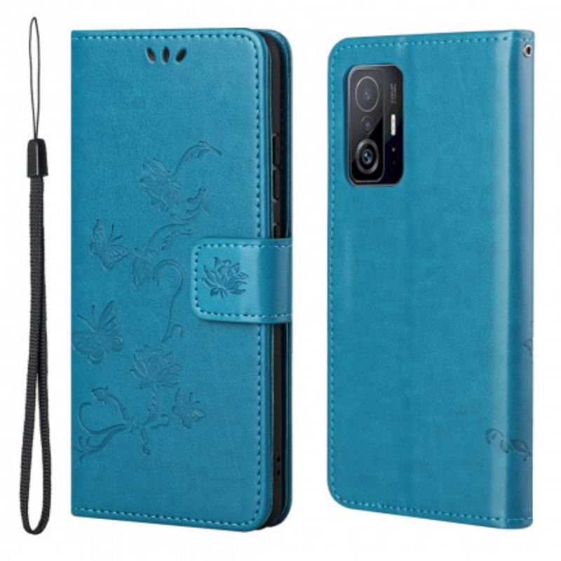 Housse Xiaomi 11T / 11T Pro Papillons Et Fleurs À Lanière