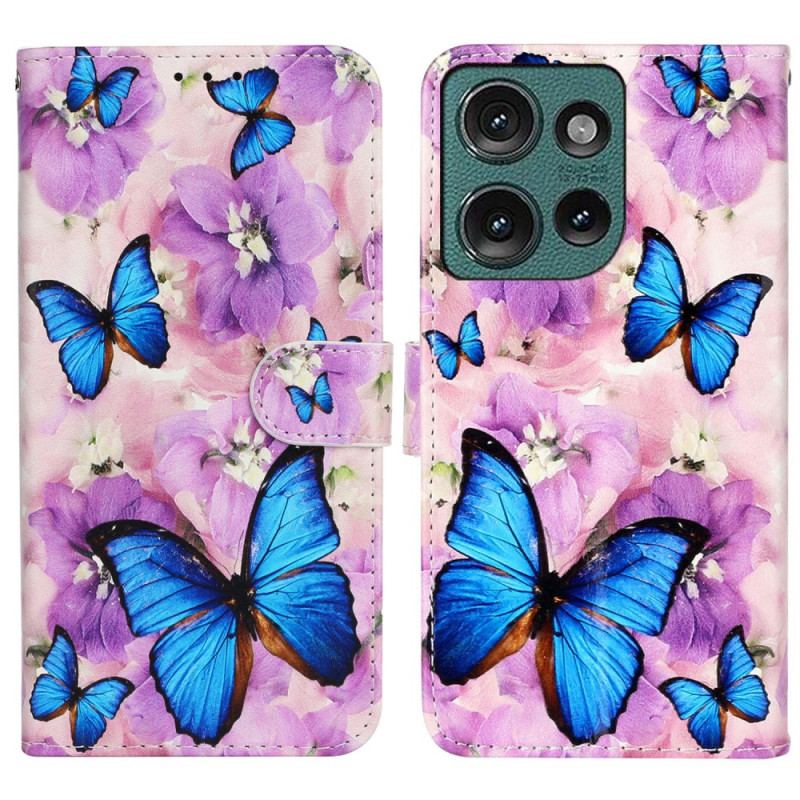 Housse Motorola Edge 50 Fleurs Violettes et Papillons Bleus Premium