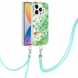 Coque iPhone 14 Pro à Cordon Coeurs Stylés