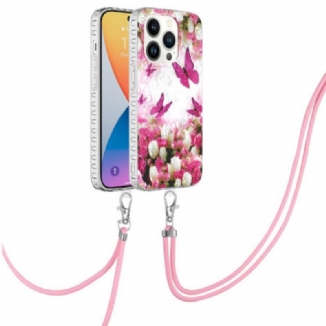 Coque iPhone 14 Pro à Cordon Papillons Stylés