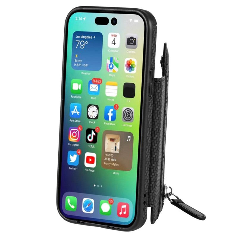 Coque iPhone 14 Pro Fibre Carbone Portefeuille et Support