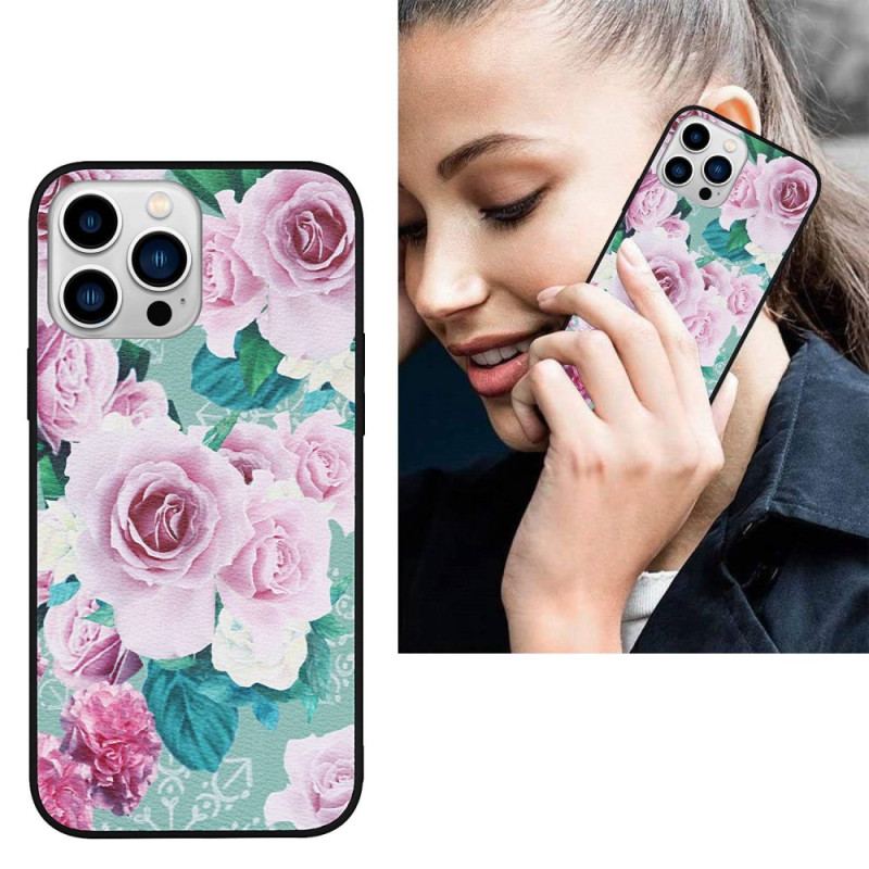 Coque iPhone 14 Pro Simili Cuir Florale