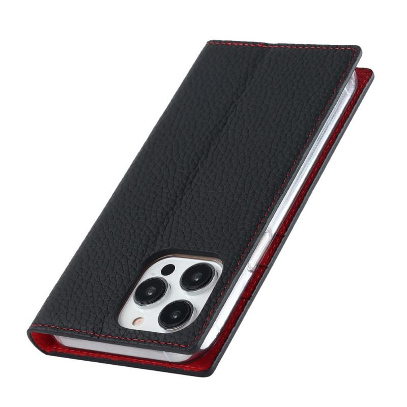 Flip Cover iPhone 14 Pro Cuir Litchi Véritable à Lanière