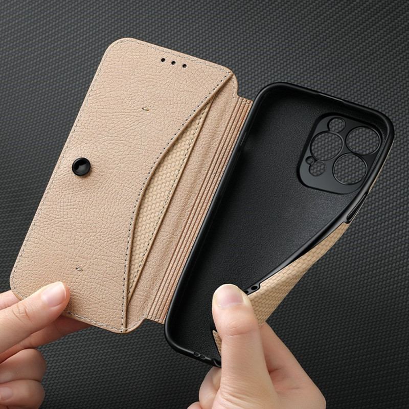 Flip Cover iPhone 14 Pro Fibre Carbone Fermoir Ventouse