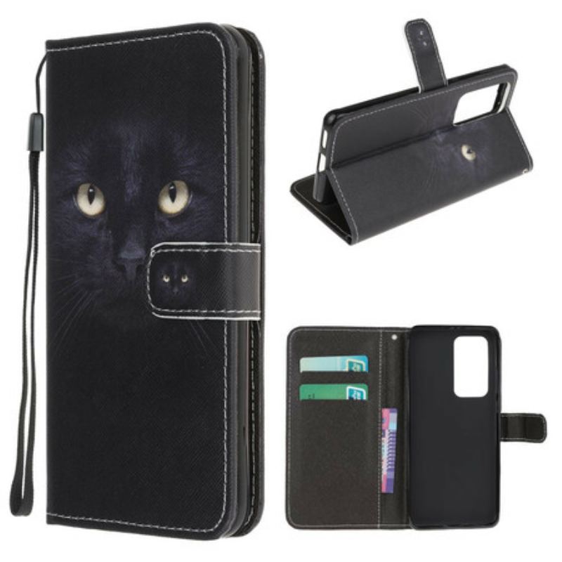 Housse Xaiomi Mi 10T / 10T Pro Yeux de Chat Noir à Lanière