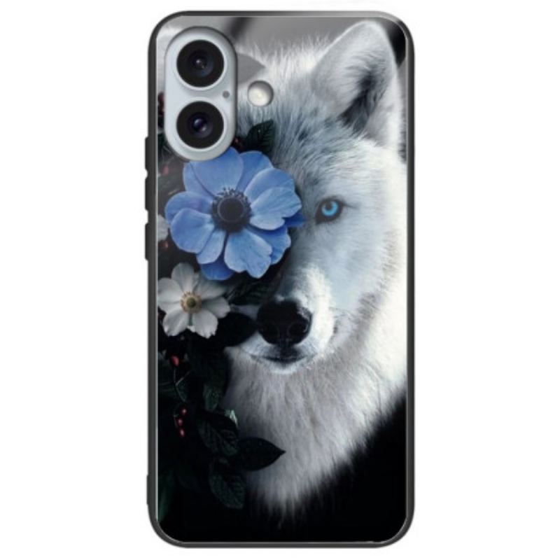 Coque iPhone 16 Plus Verre Trempé Loup et Fleur Bleue