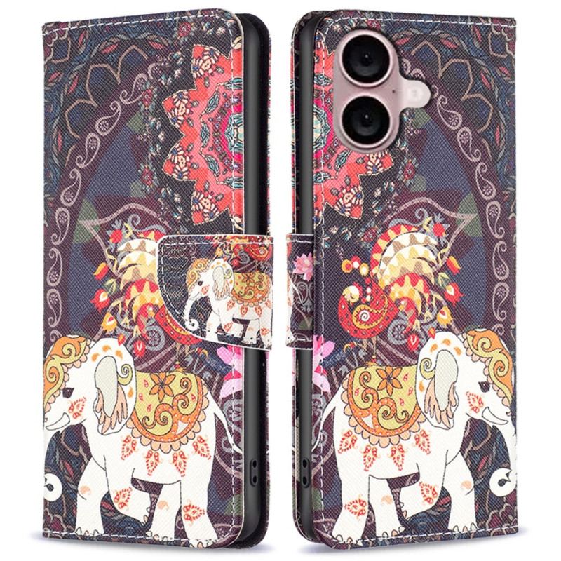 Coque Portefeuille avec Motif pour iPhone 16 Plus - Fleur et Éléphant