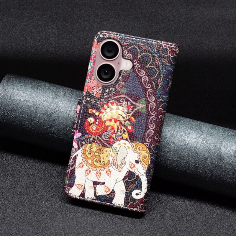 Coque Portefeuille avec Motif pour iPhone 16 Plus - Fleur et Éléphant