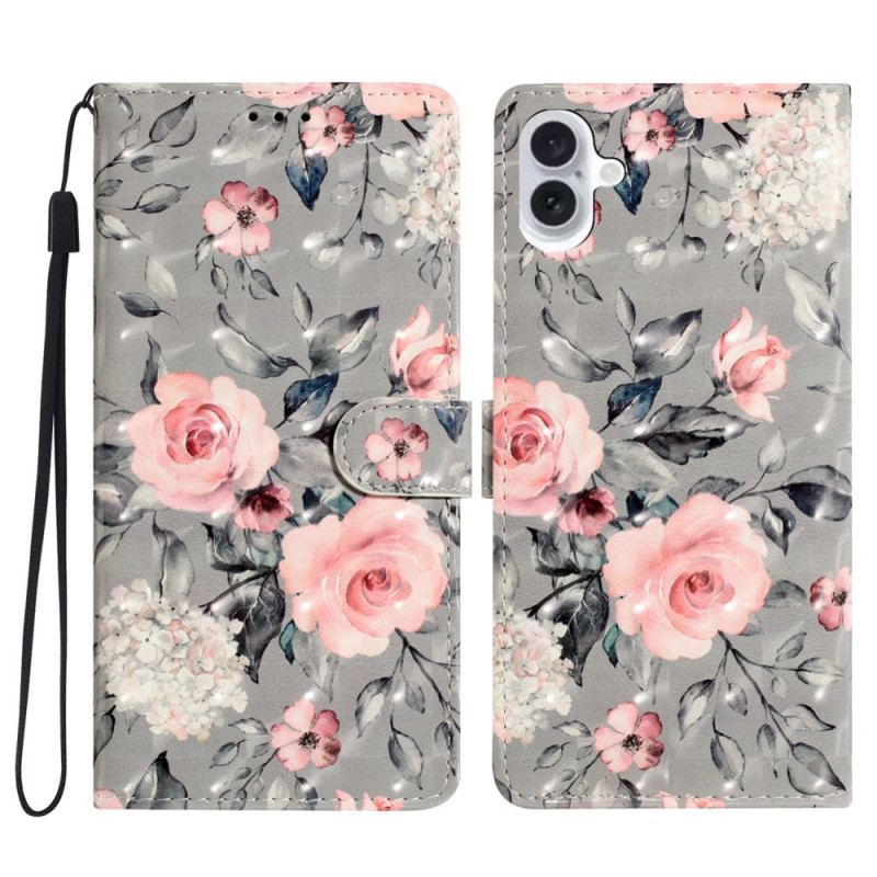 Housse iPhone 16 Plus Fleurs Roses à Lanière