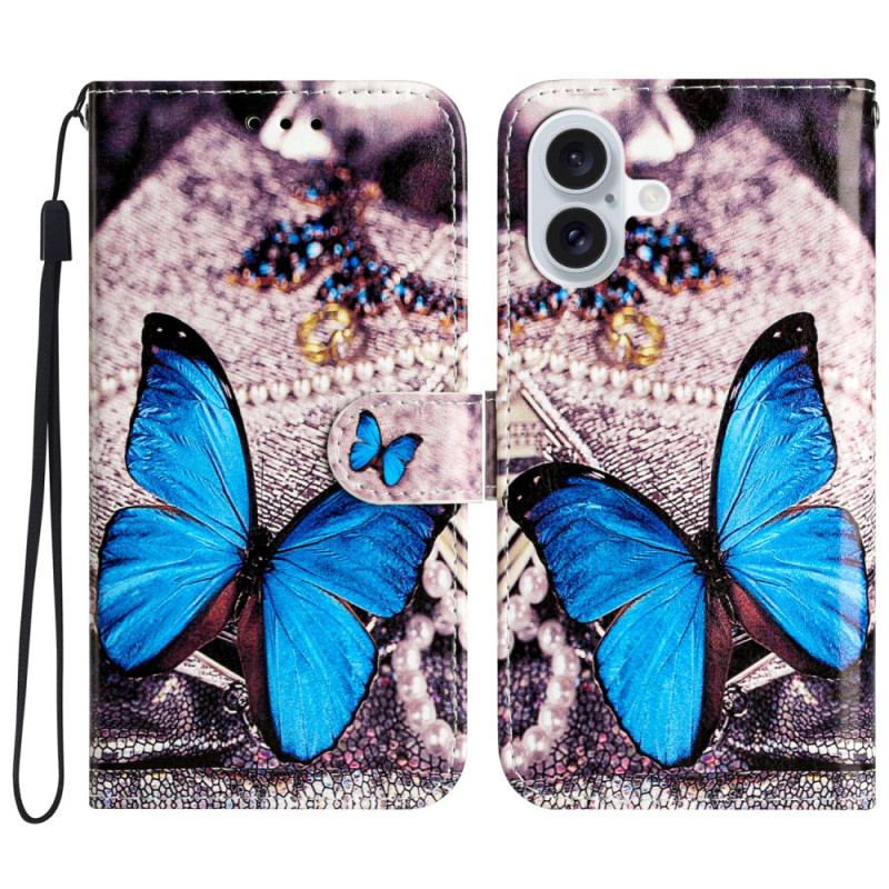 Housse iPhone 16 Plus Papillon Bleu à Lanière