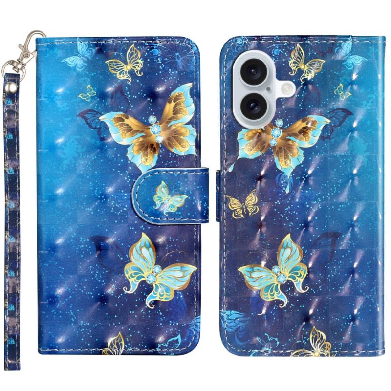 Housse iPhone 16 Plus Papillons Bleus Dorés à Lanière