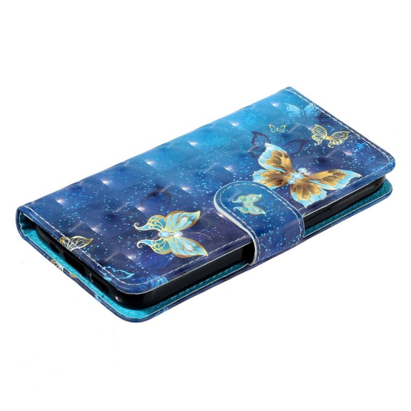 Housse iPhone 16 Plus Papillons Bleus Dorés à Lanière