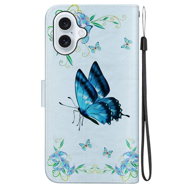 Housse iPhone 16 Plus Papillons Bleus et Fleurs à Lanière