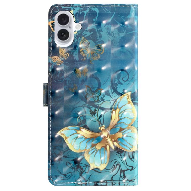 Housse iPhone 16 Plus Papillons Dorés et Verts à Lanière