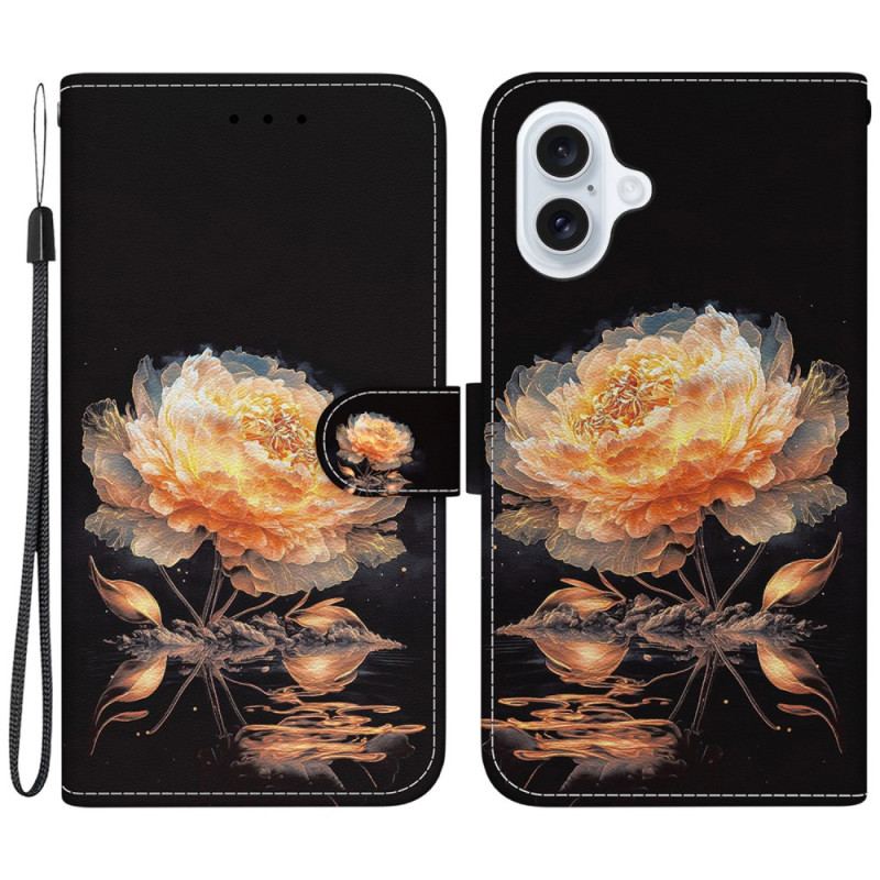 Housse iPhone 16 Plus Pivoine Dorée à Lanière