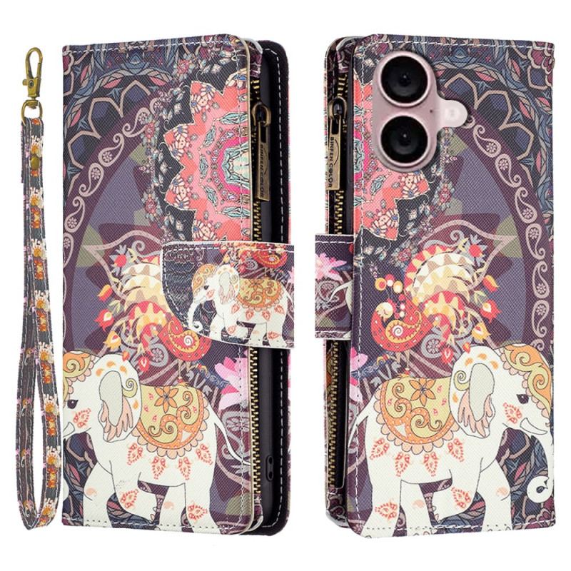 Housse iPhone 16 Plus Portefeuille Éléphant Tribal à Lanière