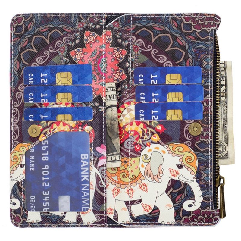 Housse iPhone 16 Plus Portefeuille Éléphant Tribal à Lanière