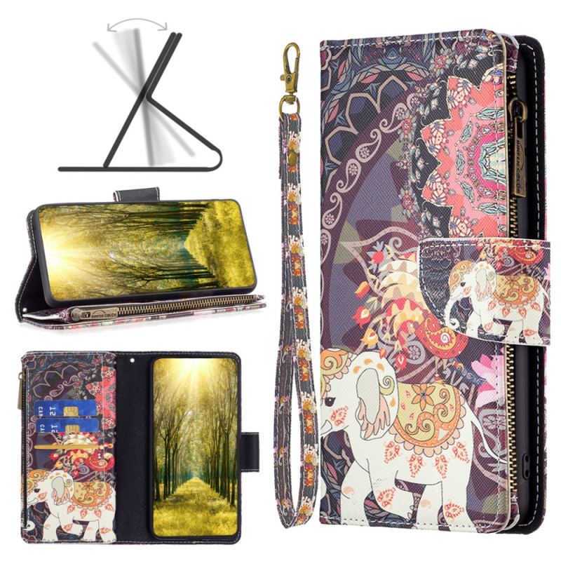 Housse iPhone 16 Plus Portefeuille Éléphant Tribal à Lanière