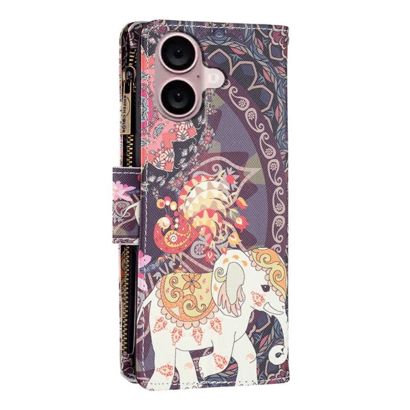 Housse iPhone 16 Plus Portefeuille Éléphant Tribal à Lanière