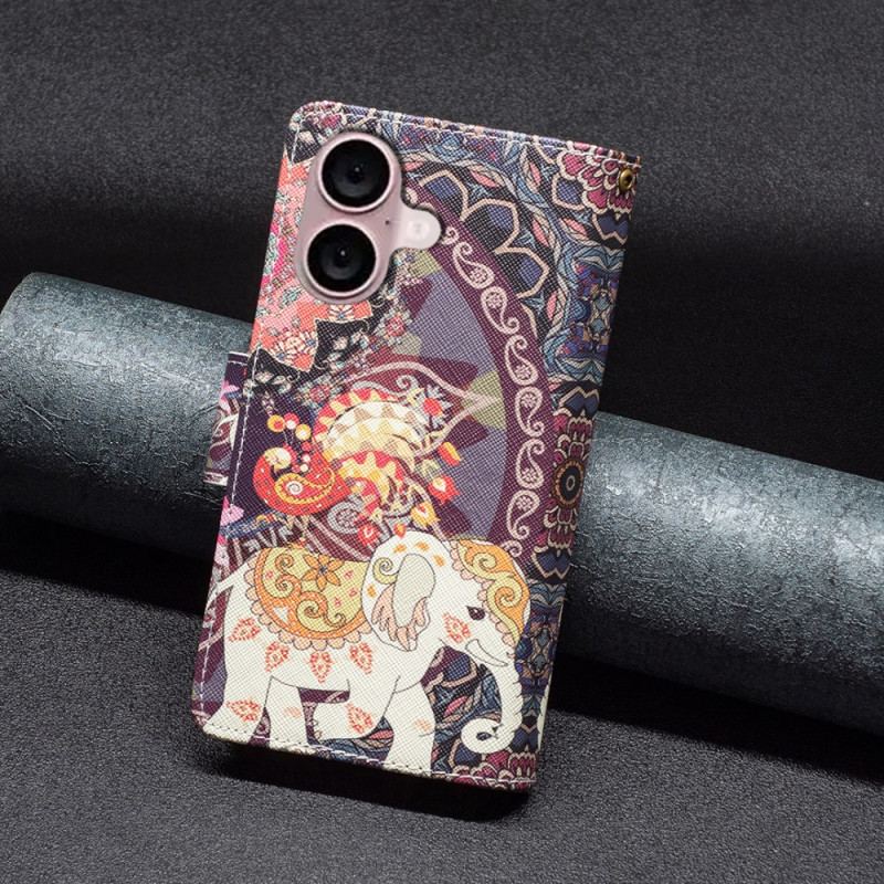 Housse iPhone 16 Plus Portefeuille Éléphant Tribal à Lanière