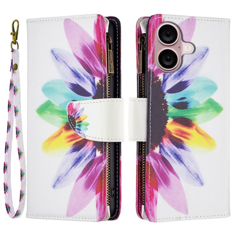 Housse iPhone 16 Plus Portefeuille Fleur Aquarelle à Lanière