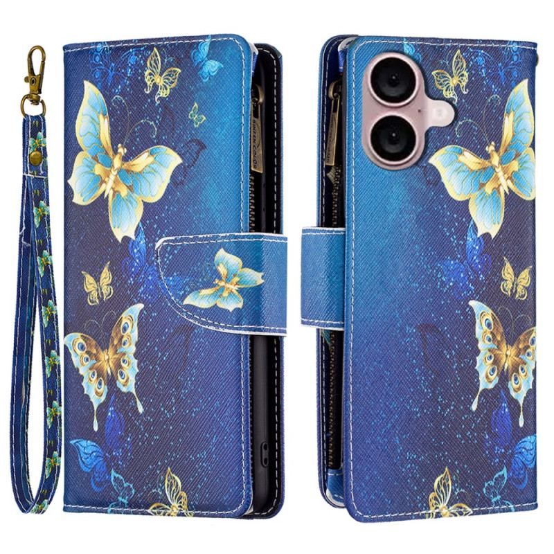 Housse iPhone 16 Plus Portefeuille Papillons Dorés à Lanière