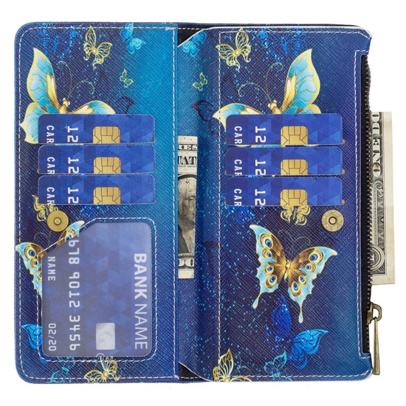 Housse iPhone 16 Plus Portefeuille Papillons Dorés à Lanière