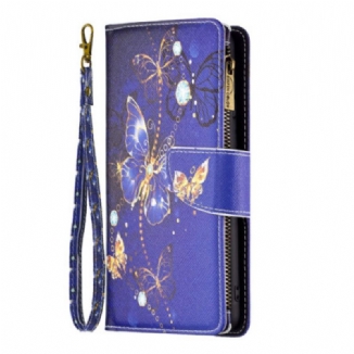 Housse iPhone 16 Plus Portefeuille Papillons Violets à Lanière