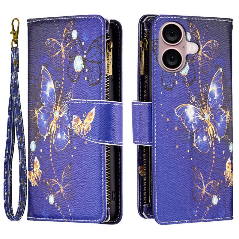 Housse iPhone 16 Plus Portefeuille Papillons Violets à Lanière