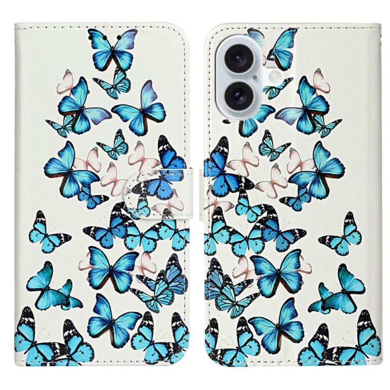 Housse iPhone 16 Plus Vol de Papillons Bleus