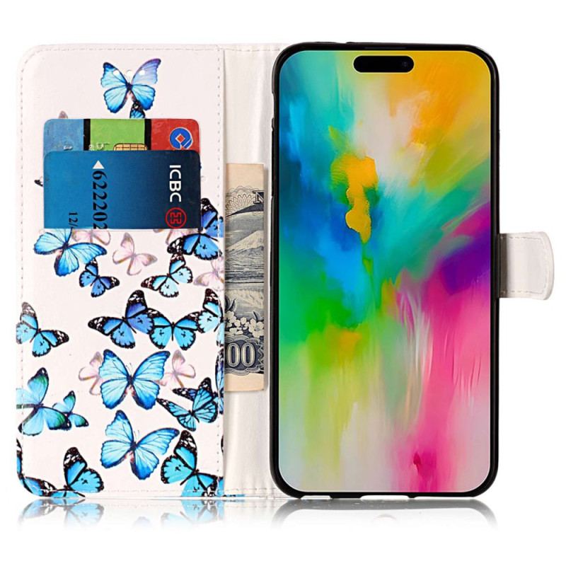 Housse iPhone 16 Plus Vol de Papillons Bleus