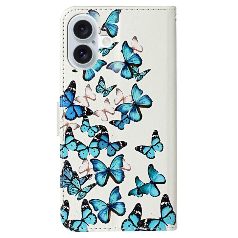 Housse iPhone 16 Plus Vol de Papillons Bleus