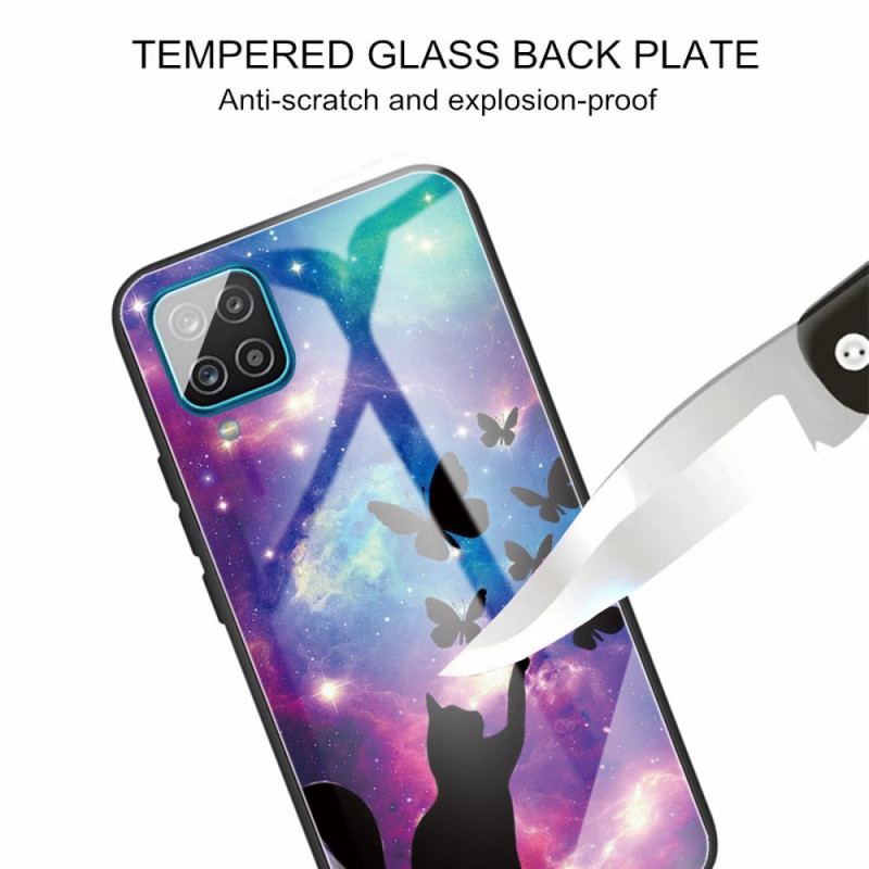 Coque Samsung Galaxy M32 Verre Trempé Chat et Papillons Dans l'Espace