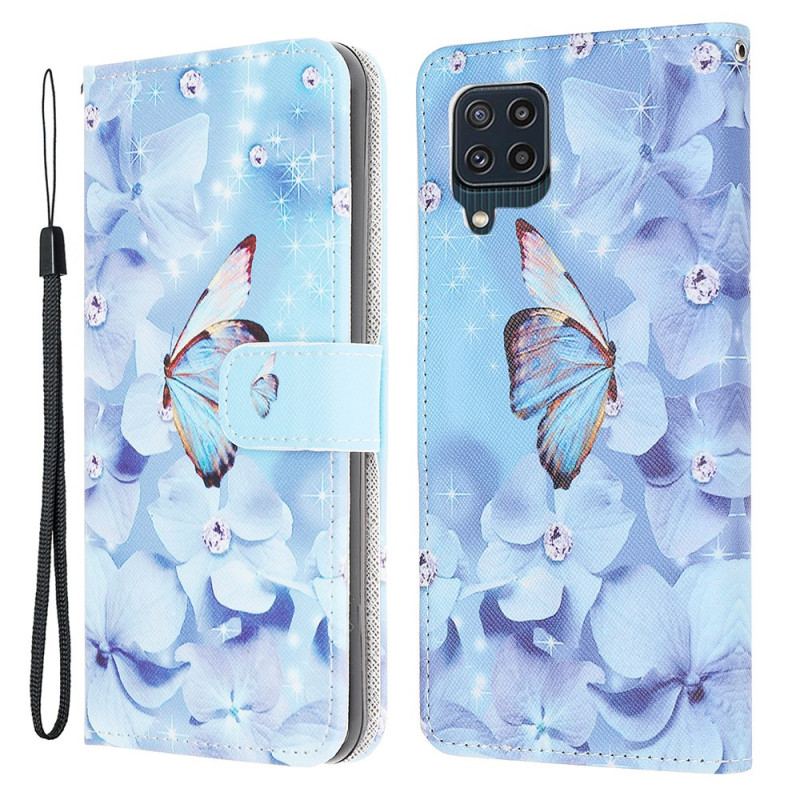 Housse Samsung Galaxy M32 Papillons Diamants à Lanière