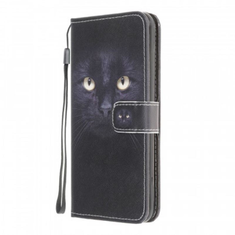 Housse Samsung Galaxy M32 Yeux de Chat Noir à Lanière