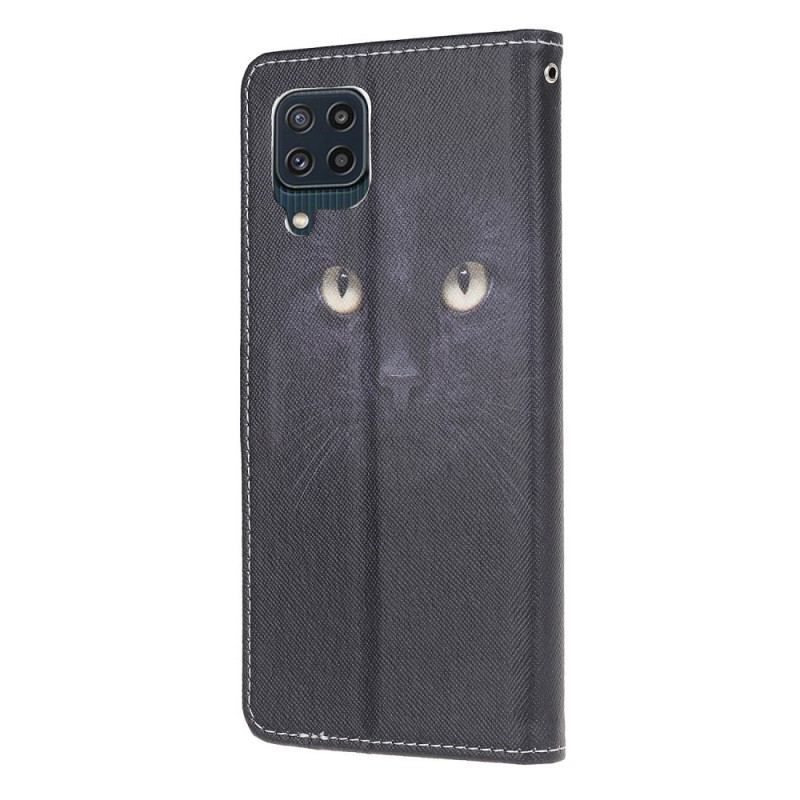 Housse Samsung Galaxy M32 Yeux de Chat Noir à Lanière