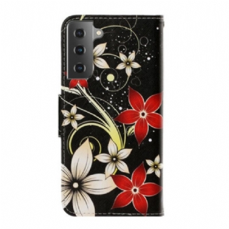 Housse Samsung Galaxy S21 Plus 5G Fleurs Colorées à Lanière