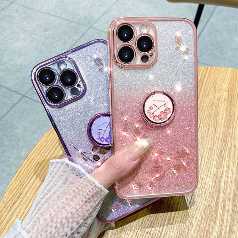 Coque iPhone 16 Pro Anneau-Support Fleurs et Strass KADEM