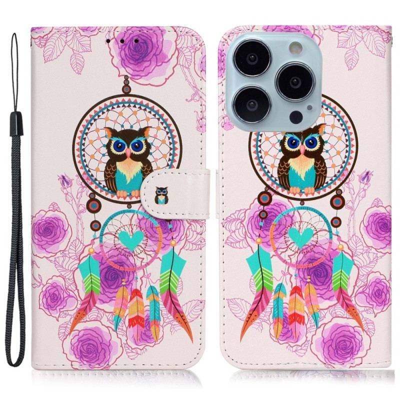 Housse iPhone 16 Pro Attrape Rêves Hibou à Lanière